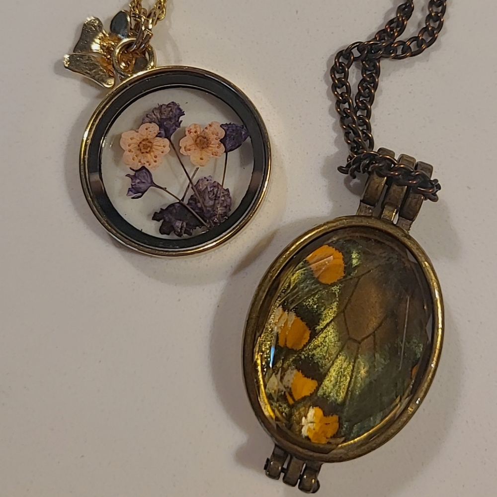 Set Of Two Butterfly Wing And Pressed Flower Necklaces